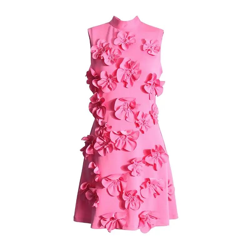 Pink Stand Collie sleeveless 3D Flower Dress