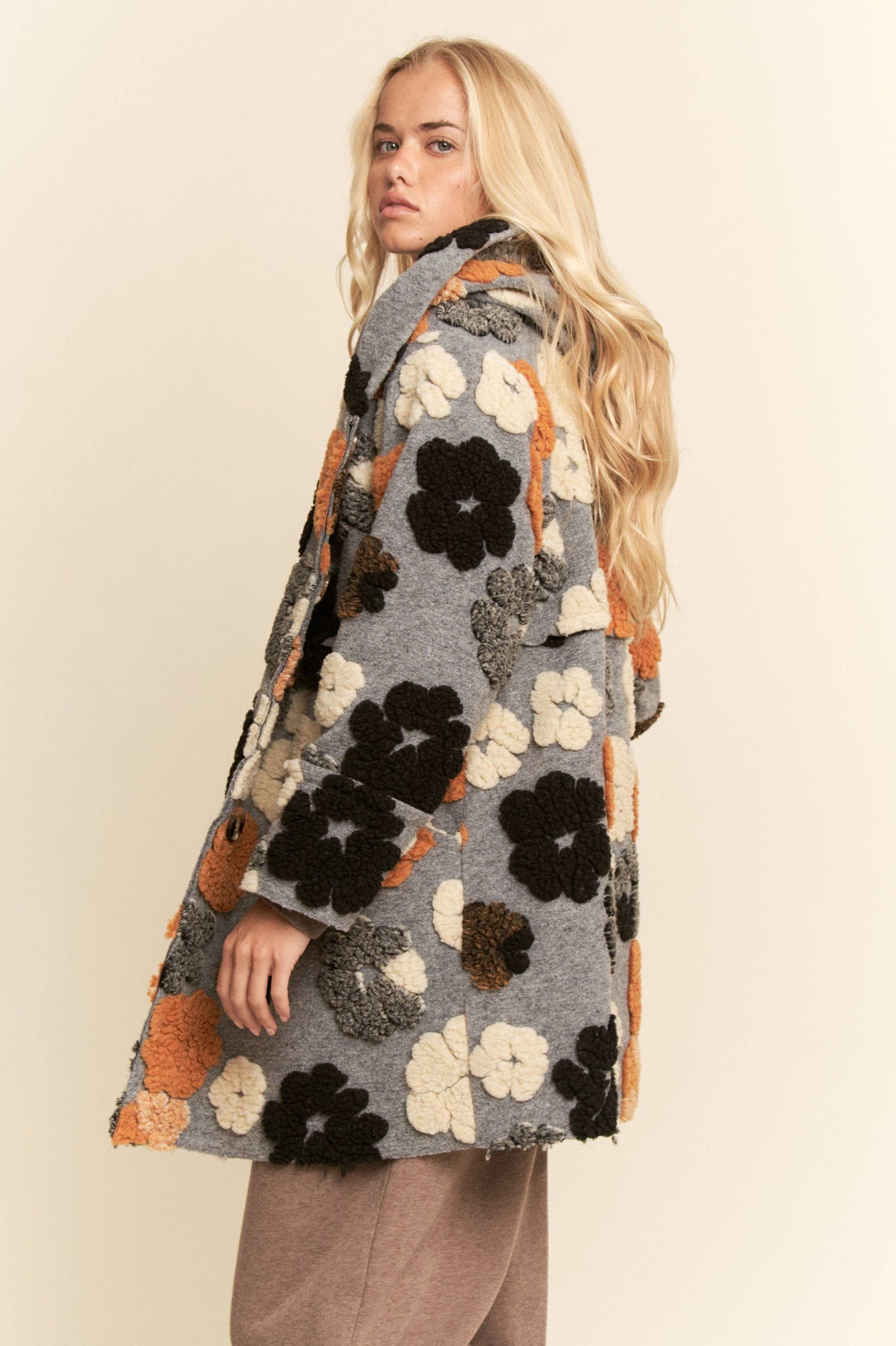 CHUNKY FLOWER EMBROIDERED HOODIE COAT JACKET