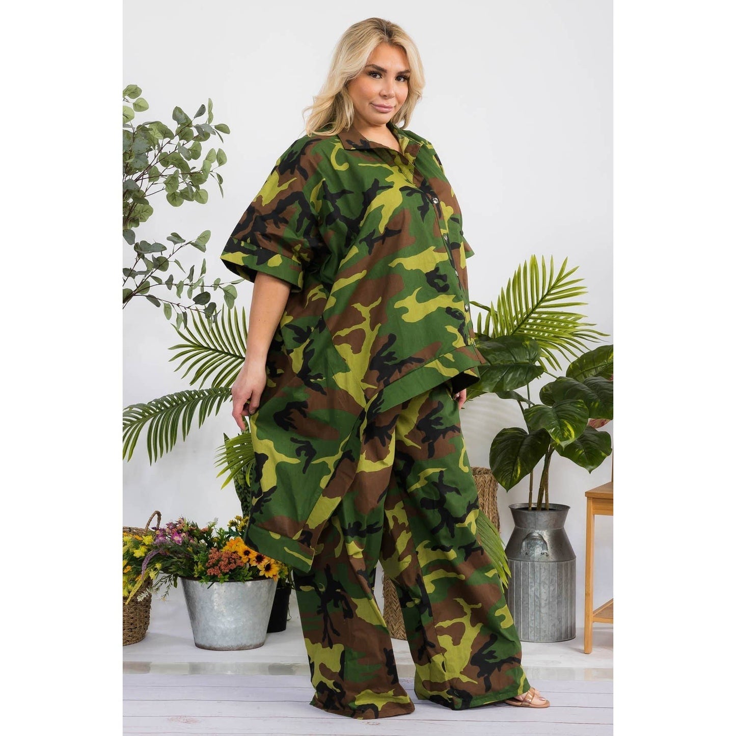 CAMO PRINT HI LO HEM SHIRT AND PANT SET