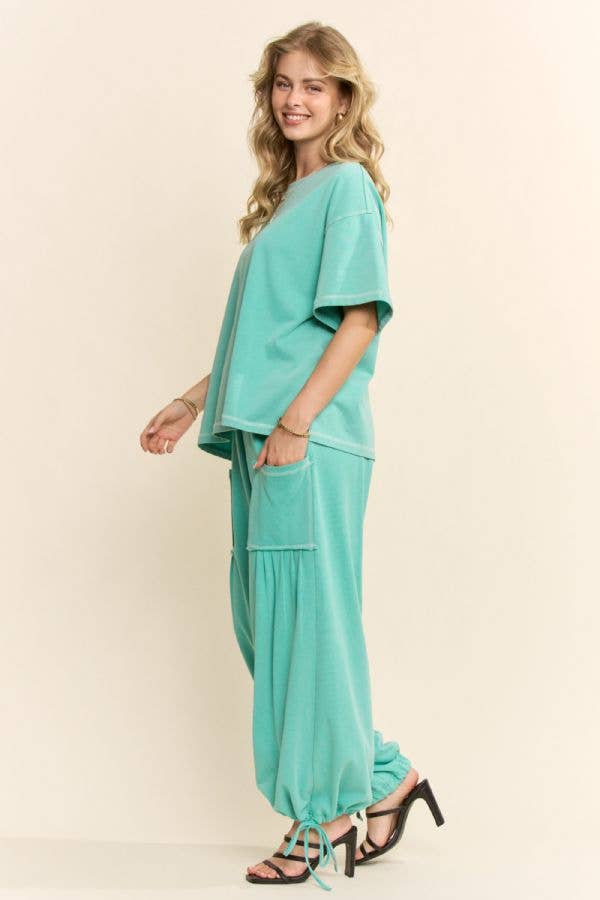 Green -WASHED SHORT SLEEVE AND BALLOON PANTS SET