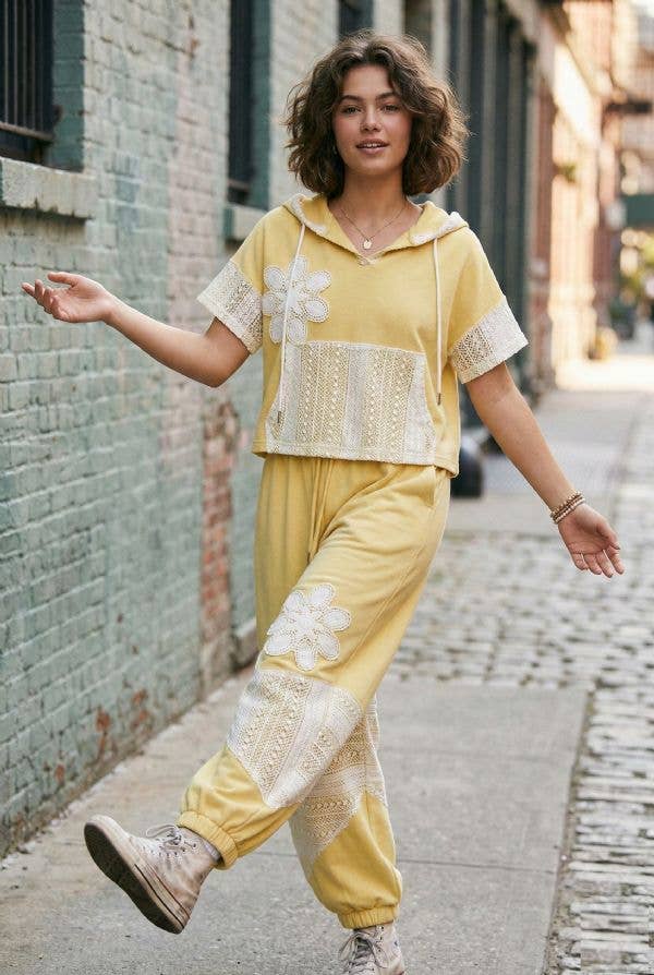 Yellow LACE PANEL FRENCH TERRY SET