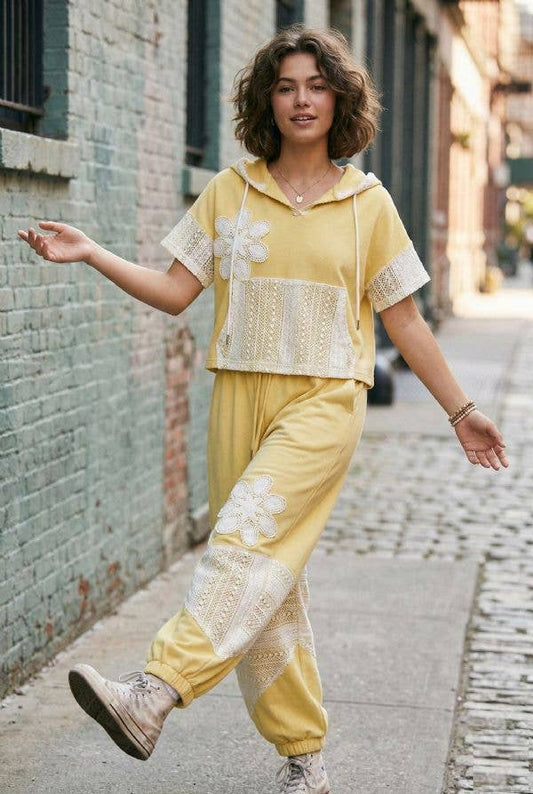 "Buttercream "Yellow LACE FRENCH TERRY SET