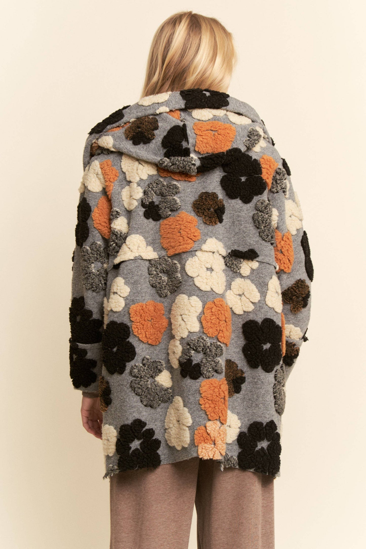 PLUS CHUNKY FLOWER EMBROIDERED HOODIE COAT JACKET