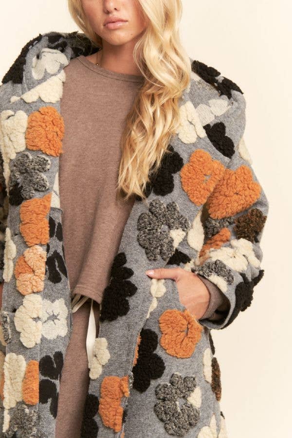 PLUS CHUNKY FLOWER EMBROIDERED HOODIE COAT JACKET