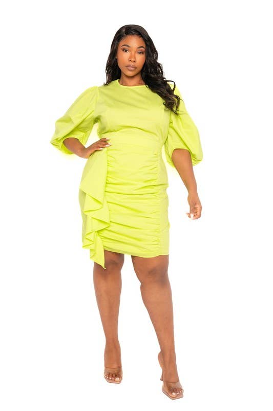 PUFF SLEEVE RUCHED DRESS on Sale