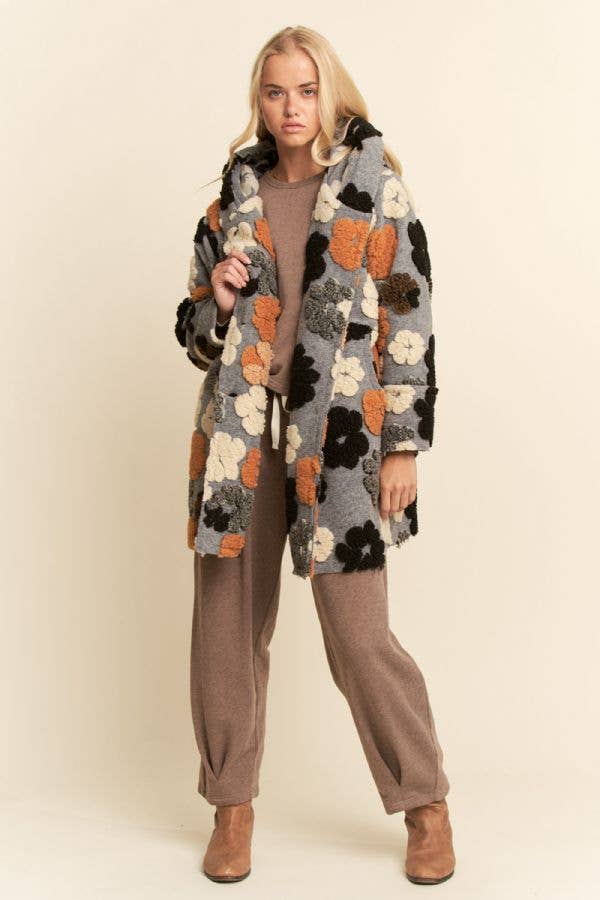 PLUS CHUNKY FLOWER EMBROIDERED HOODIE COAT JACKET