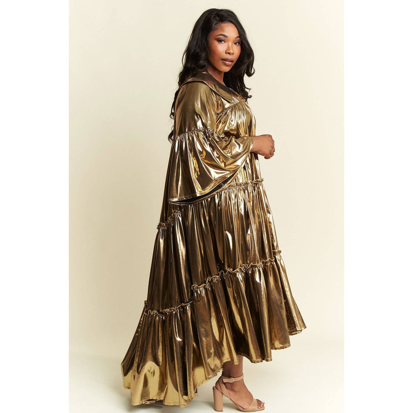 Red Metallic Pleated Tiered Flare Midi Dress 3XL only