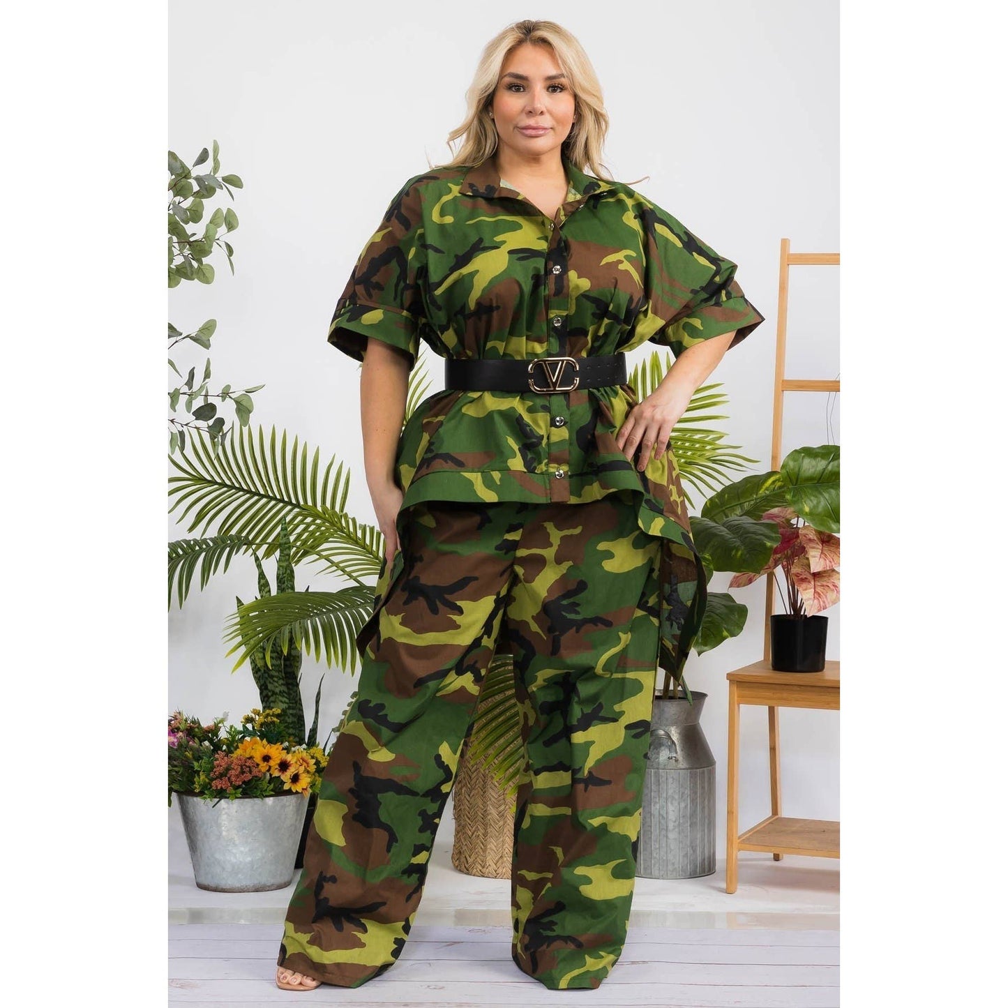 CAMO PRINT HI LO HEM SHIRT AND PANT SET