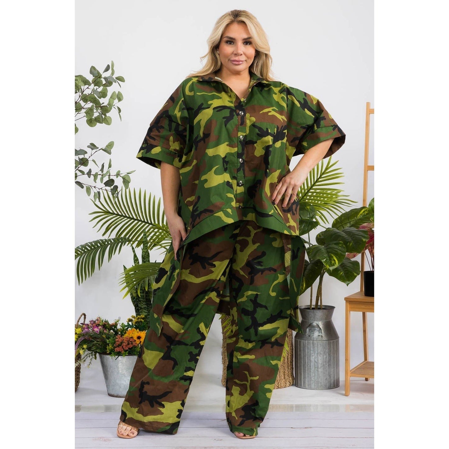 CAMO PRINT HI LO HEM SHIRT AND PANT SET