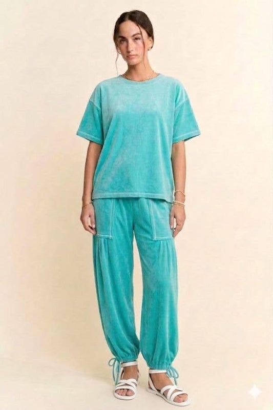 Green -WASHED SHORT SLEEVE AND BALLOON PANTS SET