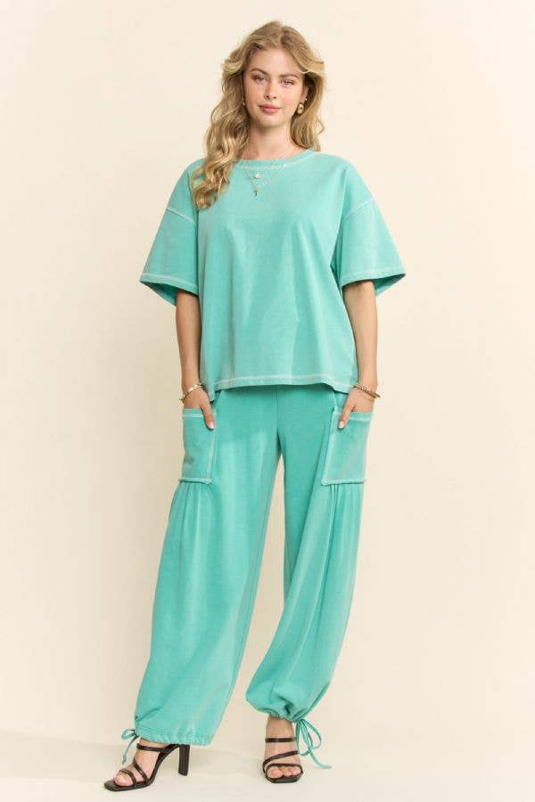 Green -WASHED SHORT SLEEVE AND BALLOON PANTS SET