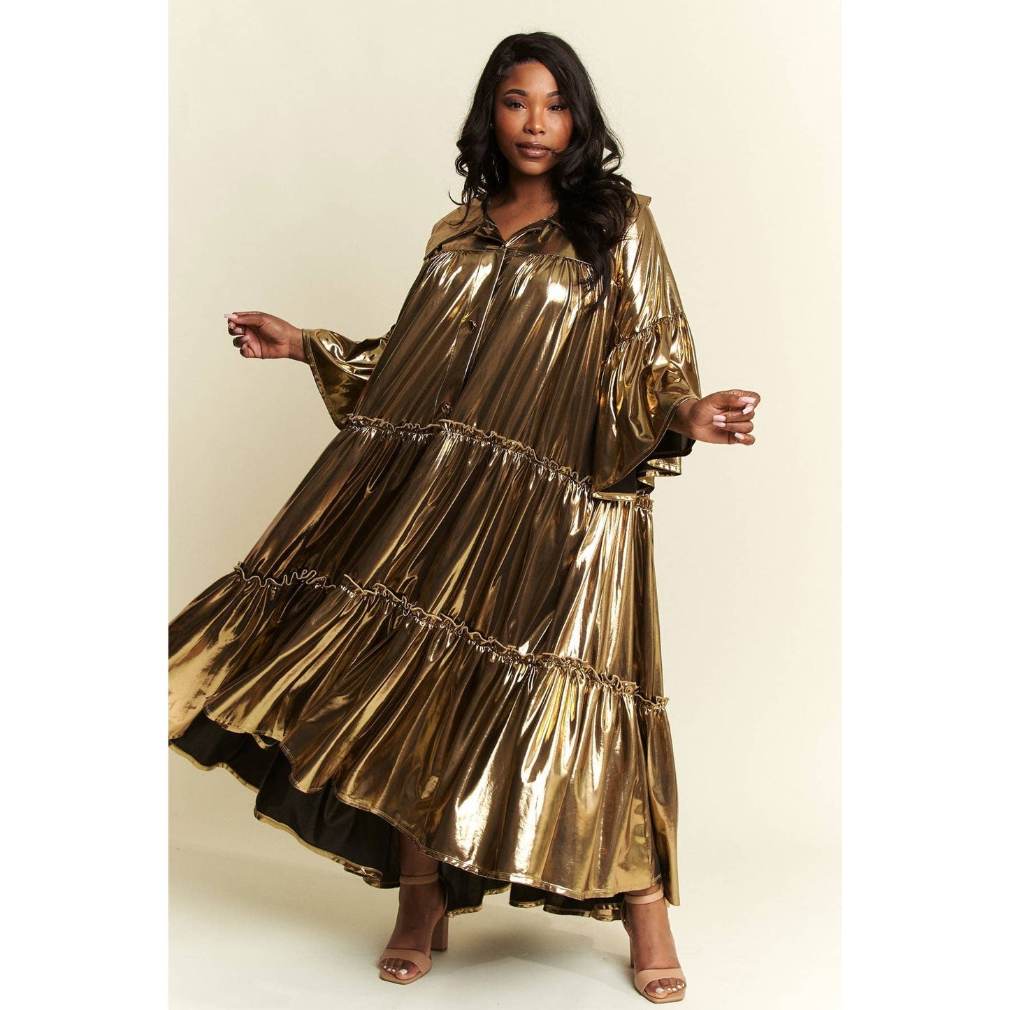 Red Metallic Pleated Tiered Flare Midi Dress 3XL only
