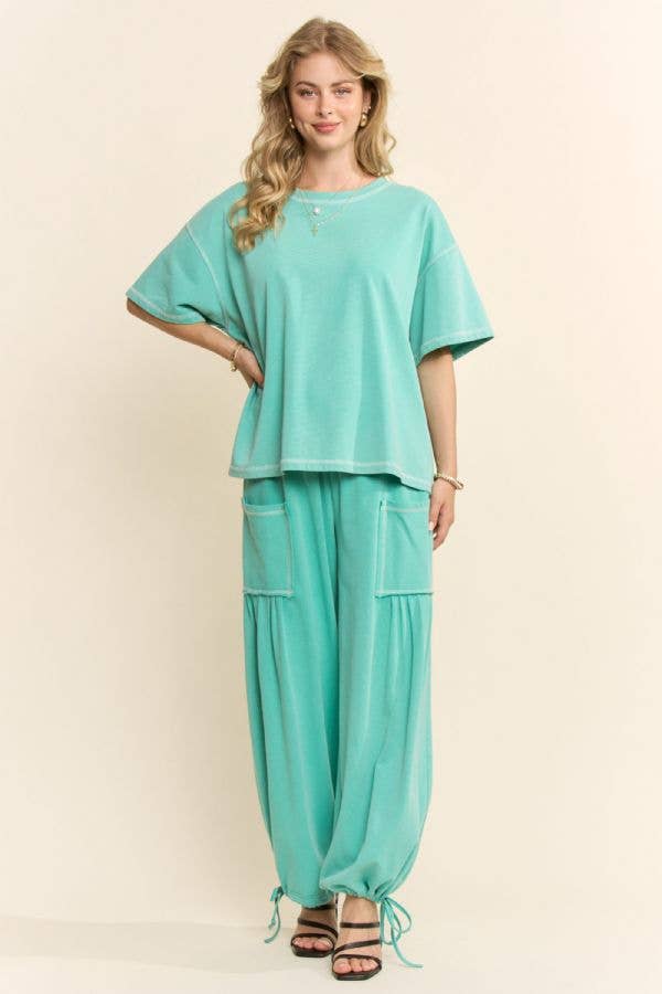 Green -WASHED SHORT SLEEVE AND BALLOON PANTS SET