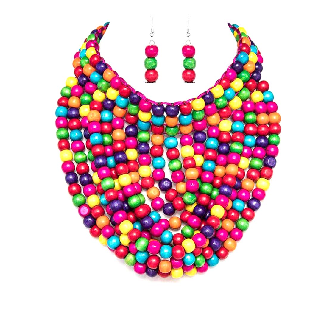 Wooden Beads Statement Necklace BraceletSet