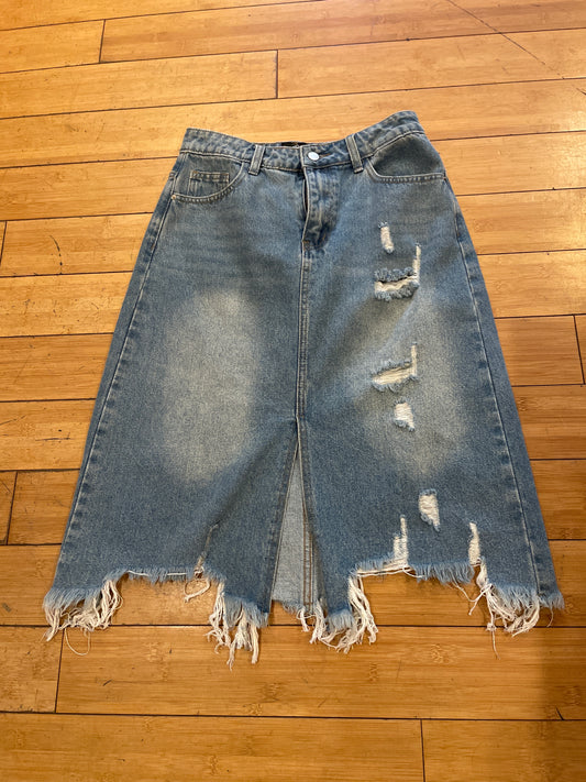 Distressed jean skirt