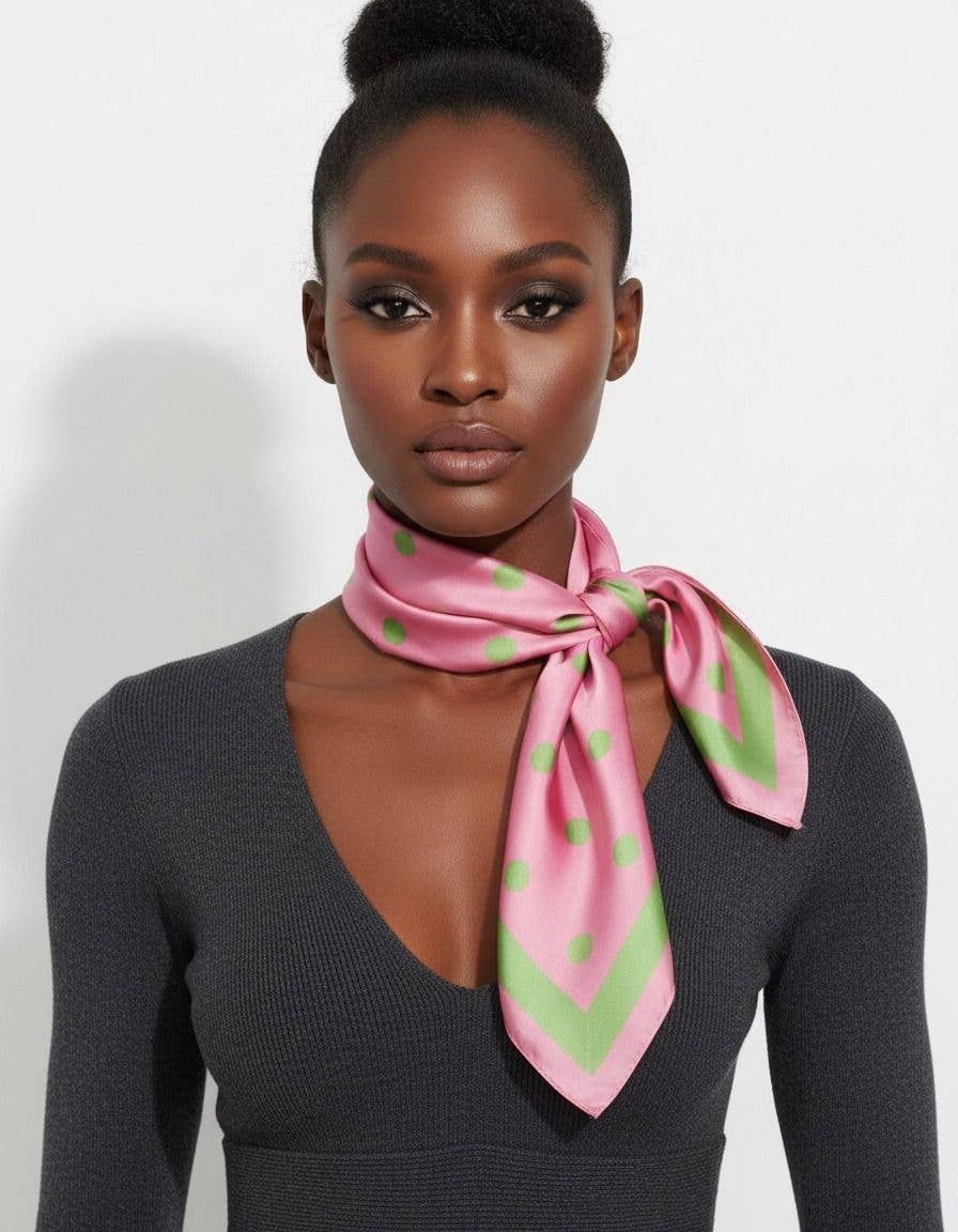 Pink and Green Polka Dot Silky Square Scarf