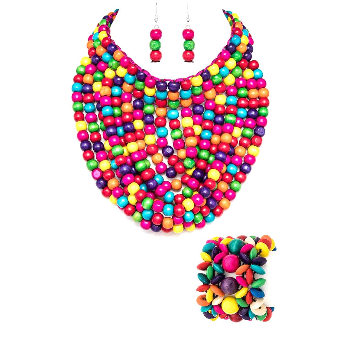 Wooden Beads Statement Necklace BraceletSet