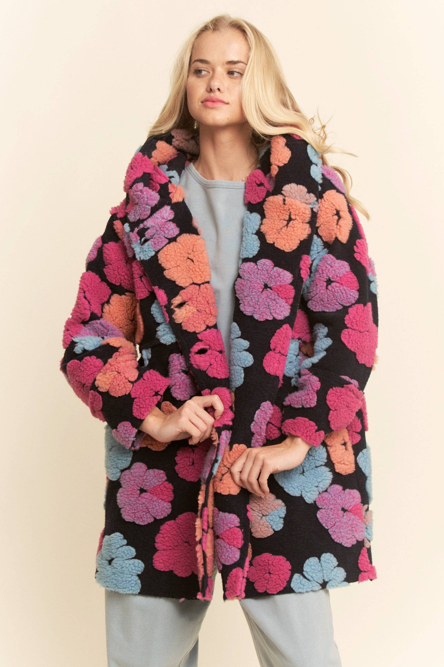 PLUS CHUNKY FLOWER EMBROIDERED HOODIE COAT JACKET
