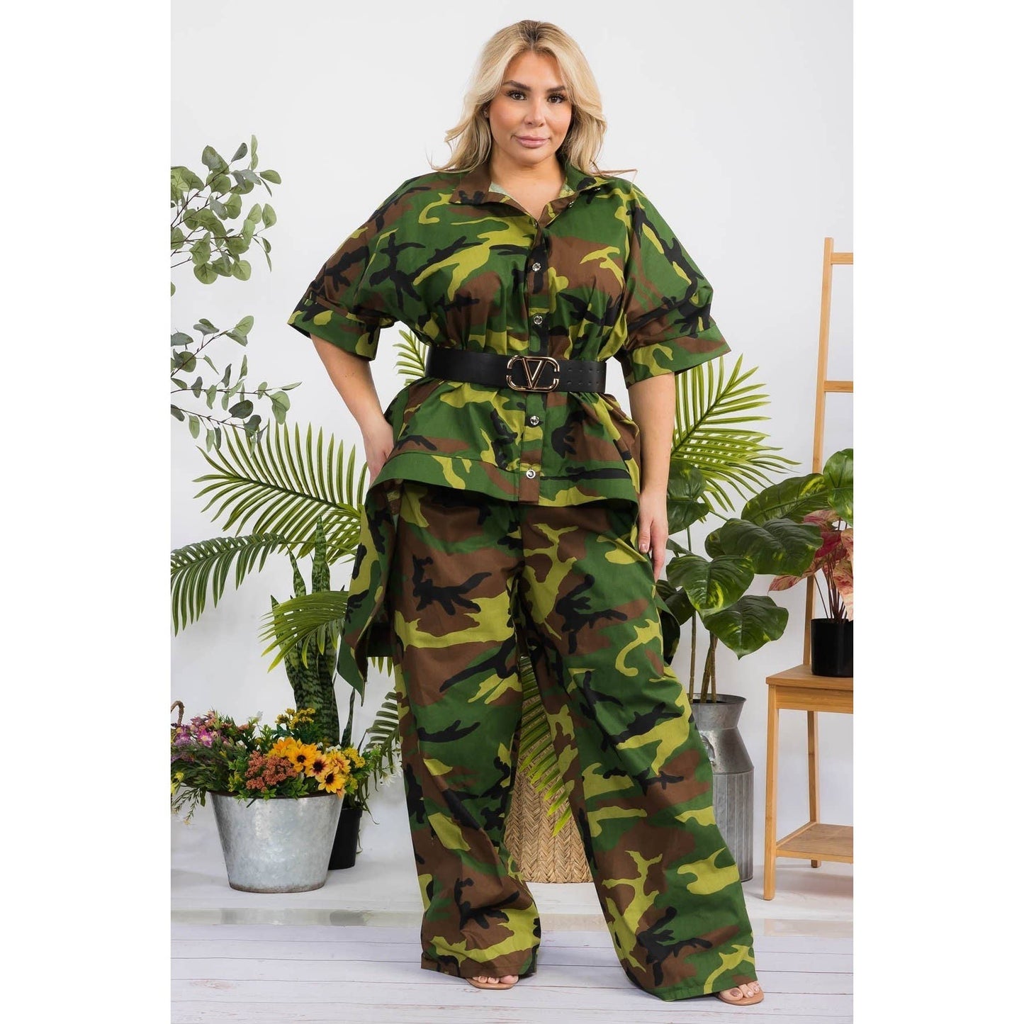 CAMO PRINT HI LO HEM SHIRT AND PANT SET