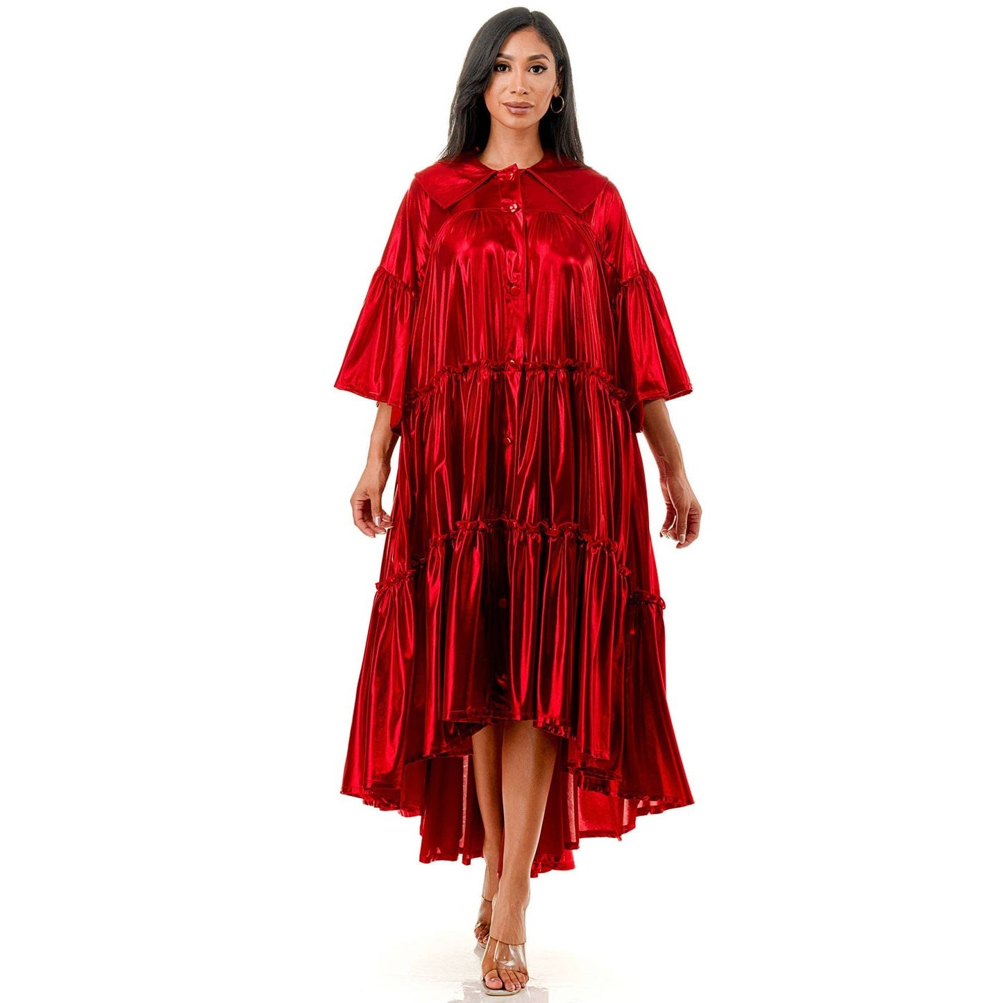 Red Metallic Pleated Tiered Flare Midi Dress 3XL only