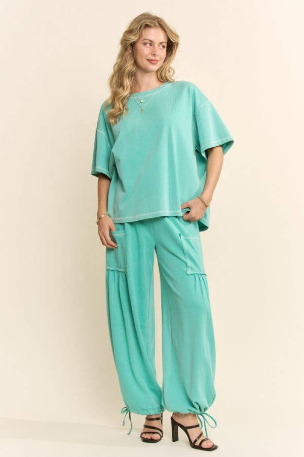 Green -WASHED SHORT SLEEVE AND BALLOON PANTS SET